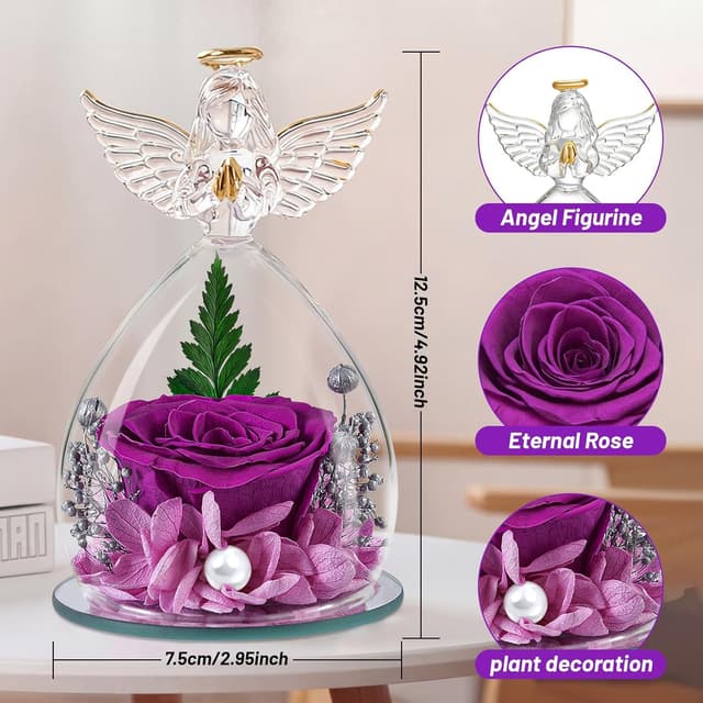 Detalle 2 de YiHuaHua Rose Eternelle Cadeau Femme avec figurine d’ange et cloche en verre borosilicate