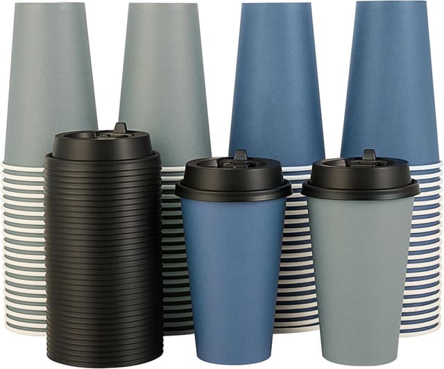 Detalle de LITOPAK 100-Pack 16 oz Disposable Paper Coffee Cups with Lids (Blue/Gray)