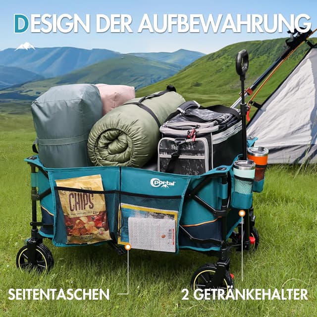 Detalle 2 de Portal Bollerwagen faltbar XXL – bis 120 kg Traglast, große Ladefläche, klappbar mit Getränkehalter