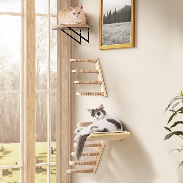 Detalle 2 de Wall-mounted cat climbing set with shelves, sisal scratching mat and multi-step ladder