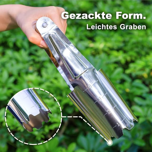 Detalle 2 de Lochspaten mit Tiefenskala von Eadwiella (rostfreier Stahl, Holzgriff) – Blumenzwiebeln und Samen pflanzen