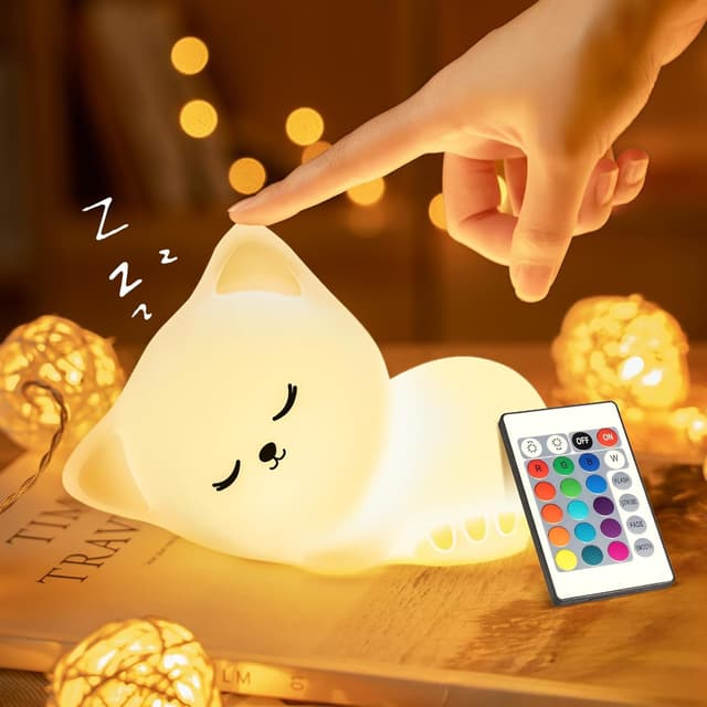 Detalle de Nachtlicht Kinder Nachtlicht Baby mit 16 Farben, dimmbar und Fernsteuerung – USB-wiederaufladbare Katzen-Nachttischlampe
