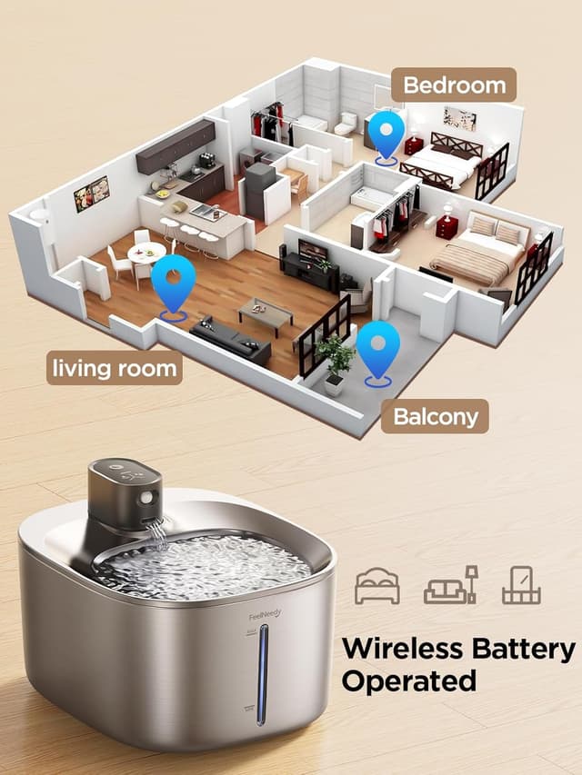 Detalle 2 de FEELNEEDY kabelloser Trinkbrunnen für Katzen aus Edelstahl (4 l) mit Sensor, Akku 4000 mAh und 2 Filter