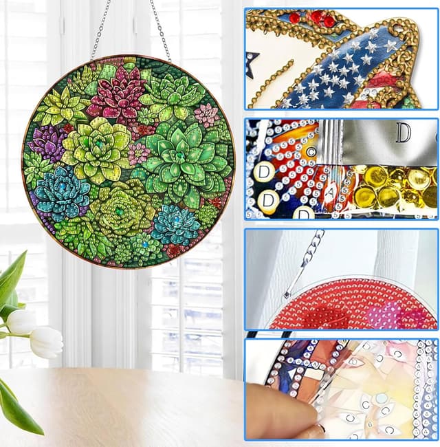 Detalle de Reofrey Diamond Painting Doppelseitiger Anhänger Acrylbrett mit Kette (20x20 cm) – DIY Kristall-Malerei für Fenster, Wand & Garten