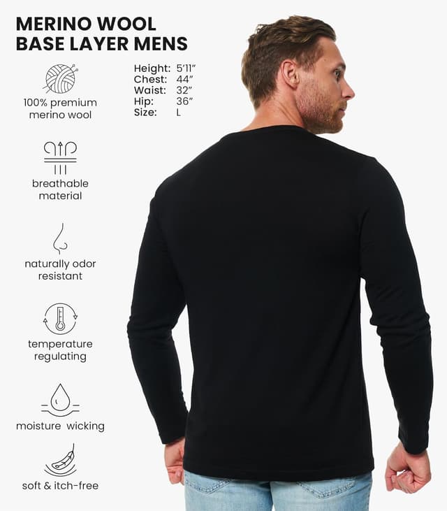 Detalle de Merino.tech 100% Merino Wool Base Layer Long Sleeve Shirt for Men