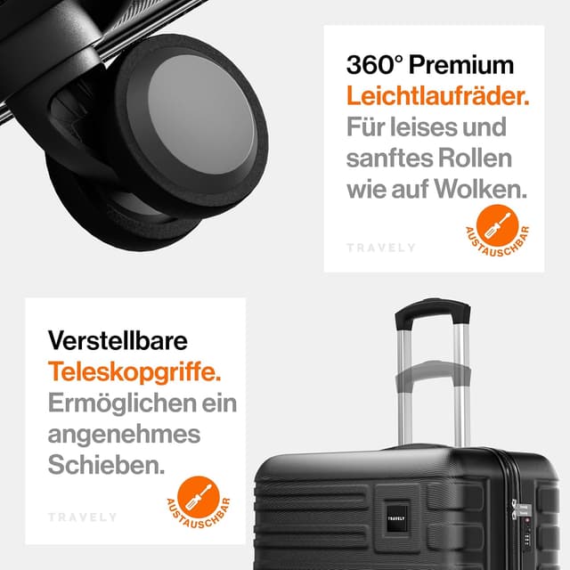 Detalle de Travely Polycarbonat Koffer-Set (77 cm, 67 cm, Handgepäck) mit TSA-Schloss – 3-teilig