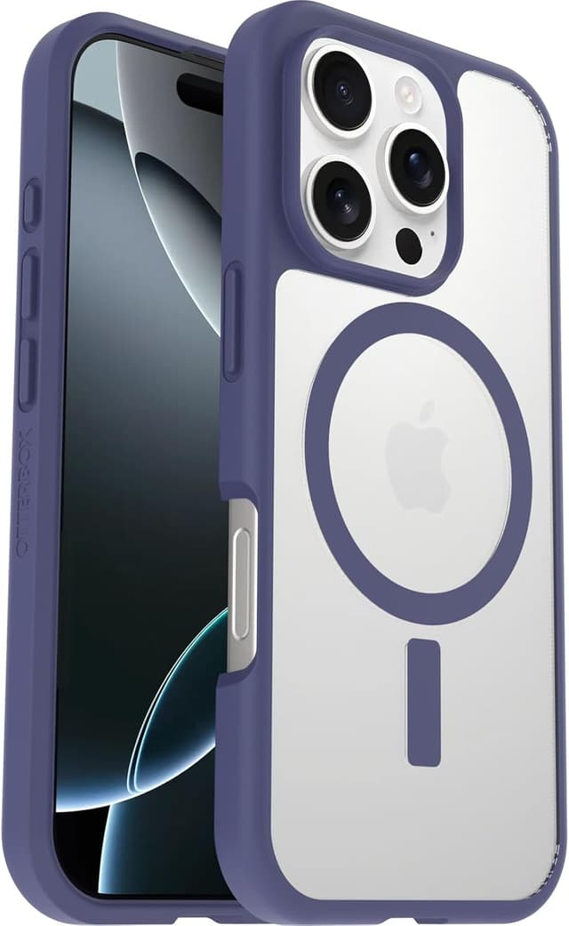 Detalle de OtterBox React Series MagSafe per iPhone 16 Pro: cover ultrasottile antiurto e trasparente/viola