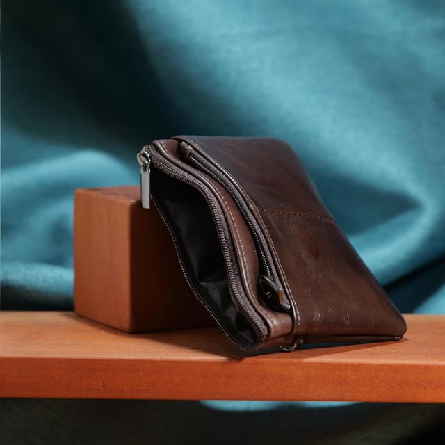 Detalle de BAWAKO portamonete in vera pelle marrone, 3 scomparti con chiusura a cerniera e portachiavi mini portafoglio