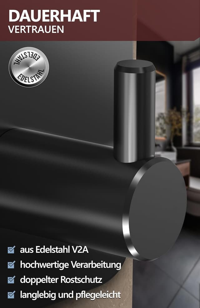 Detalle de 4smile Handtuchhalter ohne Bohren (6er-Set) – selbstklebende Handtuchhaken aus 304 Edelstahl, schwarz