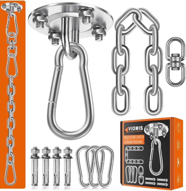 Detalle de Viomis Deckenhaken für Hängesessel (bis 400 kg) – 360° Drehung, Edelstahl-Komplettset mit 30 cm Kette & 3 Karabinern