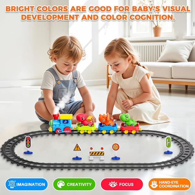 Detalle de Train Set for Toddlers with Steam, Music & Lights — Montessori Electric Train Toy with Dinosaur Cars & Tracks