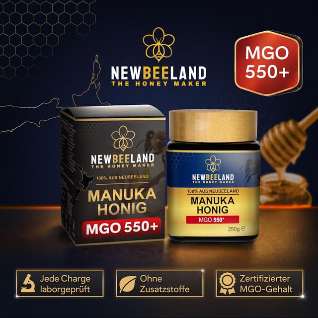 Detalle de NEWBEELAND Manuka Honig MGO 550+ (250 g) – lichtgeschütztes Glas, chargengeprüft