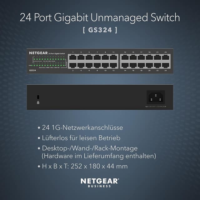 Detalle 2 de NETGEAR GS324 24-Port Gigabit-Ethernet-Switch (Plug-and-Play, lüfterlos, 19-Zoll Rack) – 24x 10/100/1000