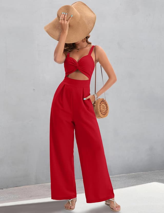 Detalle de AGerway Women’s Summer Jumpsuits V-Neck Twist Wide-Leg Rompers (One-Piece)