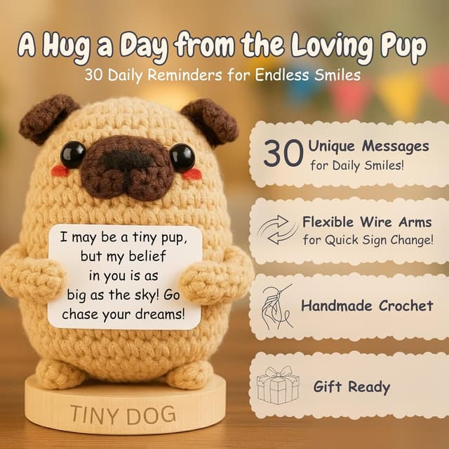 Detalle 2 de Dog lover Gifts for Women: Handmade Pawsitive Pup Crochet Dog with 30 Uplifting Signs