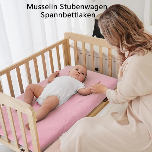 Detalle de Baby Musselin Spannbettlaken 80x50 cm (2er-Set) aus 100% Baumwolle – für Kinderwagen und Babywiege
