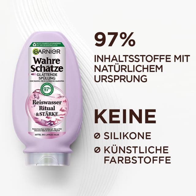 Detalle de Garnier True Treasures Glättendes Haarpflegeset mit Reiswasser – Shampoo 250 ml, Conditioner 200 ml & 1-Minute Haarkur 340 ml (3-teilig)