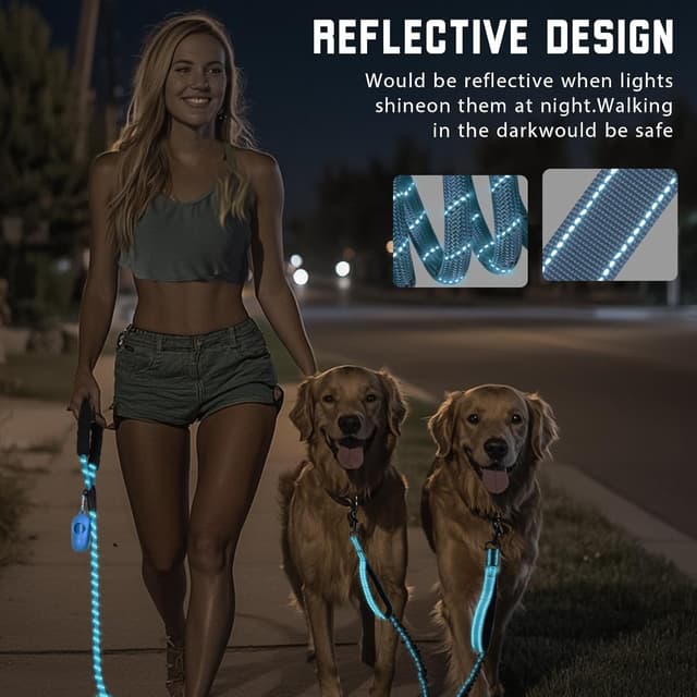 Detalle 2 de Blanlody Double Dog Lead (No Tangle) with Reflective Bungee, 360° Swivel, Padded Handles & Waste Bags