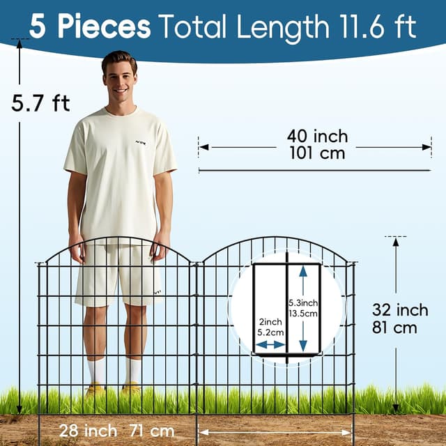 Detalle de Thealyn Decorative Garden Fence (81cm H x 71cm W) – 5-panel outdoor rustproof metal dog fence, 3.5m total length