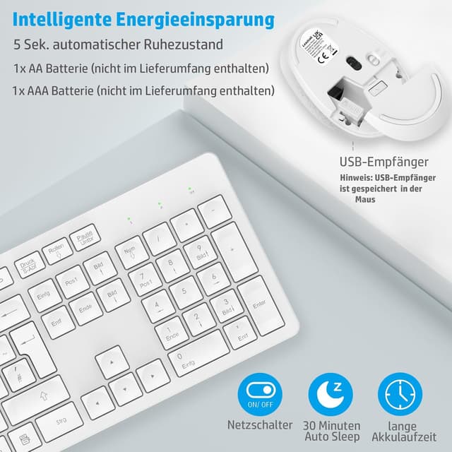 Detalle de LeadsaiL K786 kabelloses Tastatur & Maus Set (QWERTZ, DE-Layout) mit 2-in-1 USB-Nano Empfänger – Weiß