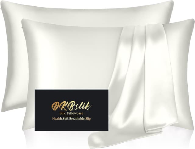 Detalle de DKBslik Mulberry Silk Pillowcases (Set of 2) — Standard Size, Natural Silk Satin