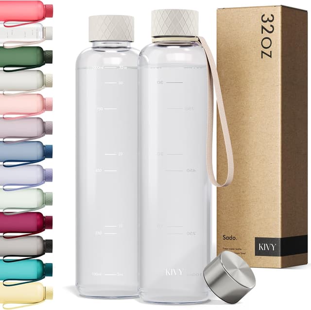 Detalle de KIVY Slim Water Bottle 32oz (Lightweight & Shatterproof Tritan) — Clear with Measurements, Screw Top, Dishwasher Safe