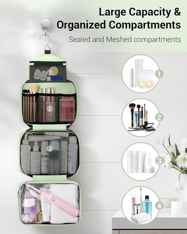 Detalle 2 de Maliton Hanging Toiletry Bag (Large) with 4 Compartments – Foldable Wash Bag in Light Green