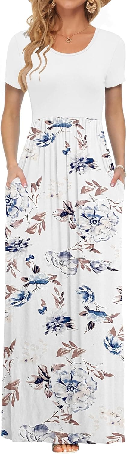 Detalle de AUSELILY Damen Kurzarm Sommerkleid Long Maxi mit Taschen – Polyester/Spandex
