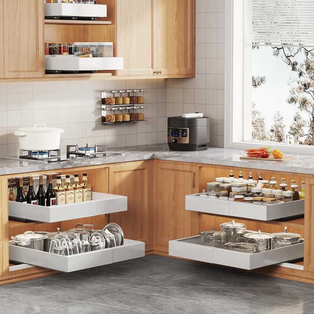 Detalle de Seinloes 4-Pack Expandable Pull-Out Cabinet Organizer (21" Deep) with Dividers & Roll-Out Shelves, Adjustable 12.05"–20.4", White