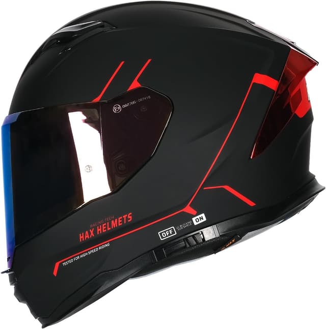 Detalle de HAX Force Aerodynamic Full Face Helmet (DOT & ECE 22.06) with Dual Visor, Pinlock Ready, Adult Size, Matte Black/Red