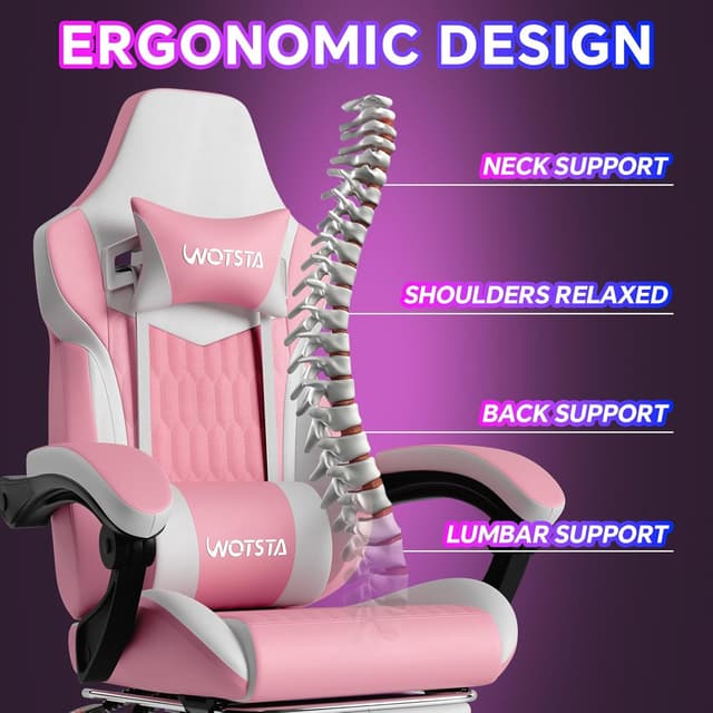 Detalle de WOTSTA Gaming Chair with Footrest, Lumbar Support and 135° Recline (Pink White)