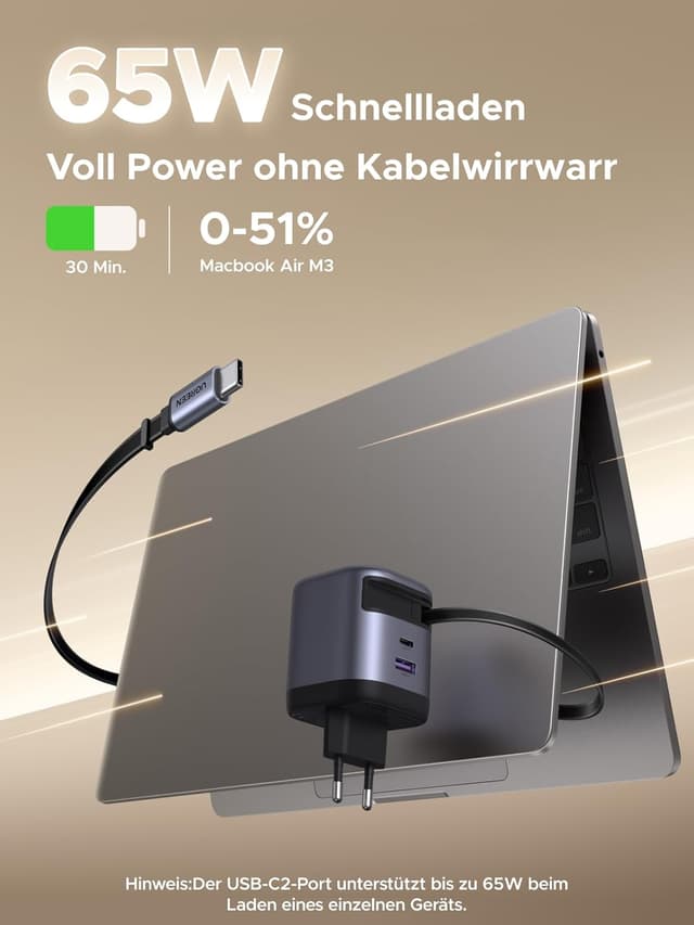 Detalle 2 de UGREEN USB C Ladegerät 65W GaN 3-Port