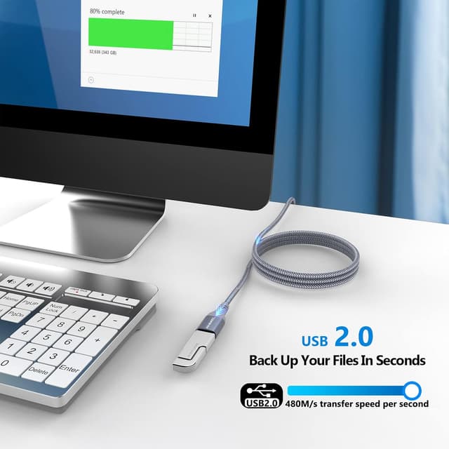 Detalle 2 de ANMIEL USB-Verlängerungskabel USB 2.0 (Nylon geflochten) – 2x 2 m Typ A Stecker auf A Buchse, grau