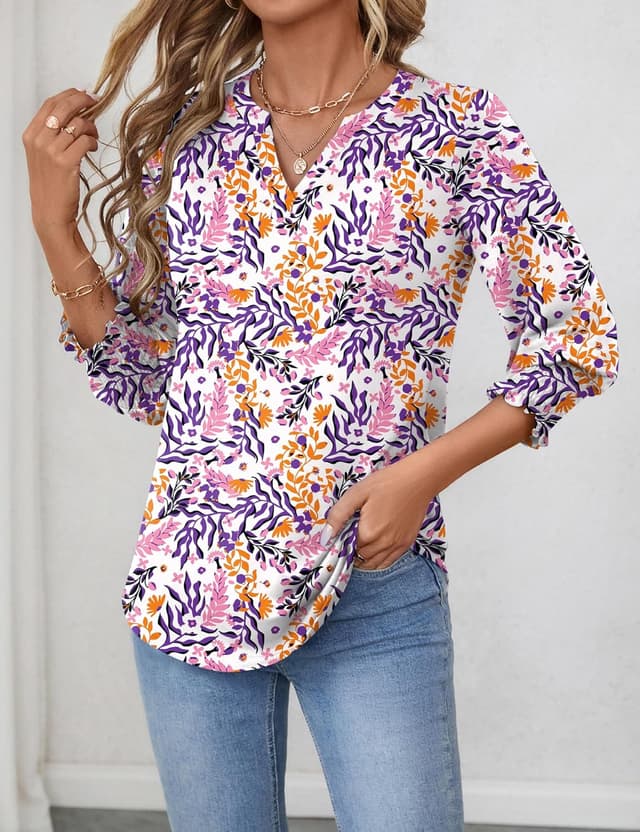 Detalle de LOMON Women’s 2026 Fashion Tops: 3/4 Sleeve Smocked V-Neck Business Casual Blouses (S–4X)