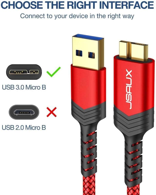 Detalle de JSAUX USB 3.0 to Micro B Hard Drive Cable (2-pack, 0.3m + 1m) for external drives and mobile backups
