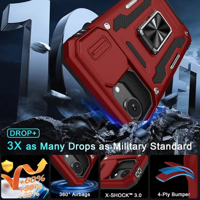 Detalle de DEERLAMN iPhone 17e / iPhone 16e 6.1-inch case with sliding camera cover, ring kickstand & shockproof protection (Red, 2-pack screen protectors)