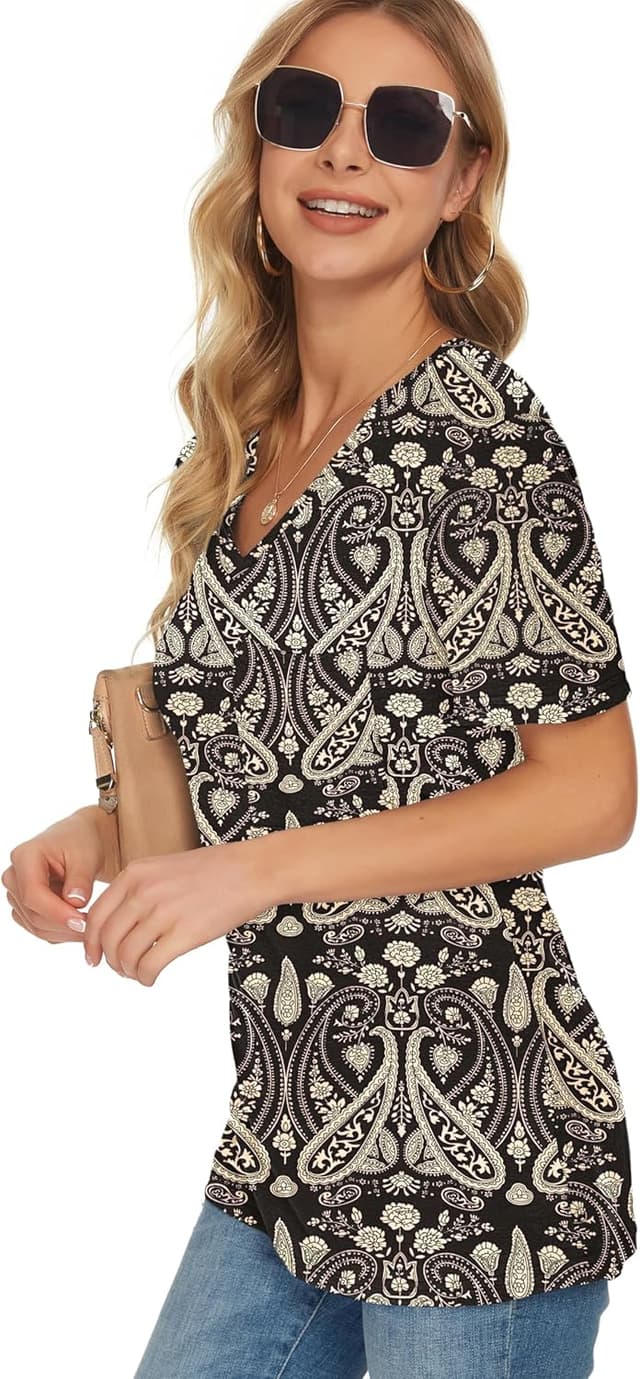 Detalle de MOLERANI T-shirt femme d’été à manches courtes en tissu extensible, col V et style boho noir (jusqu’en 2XL)