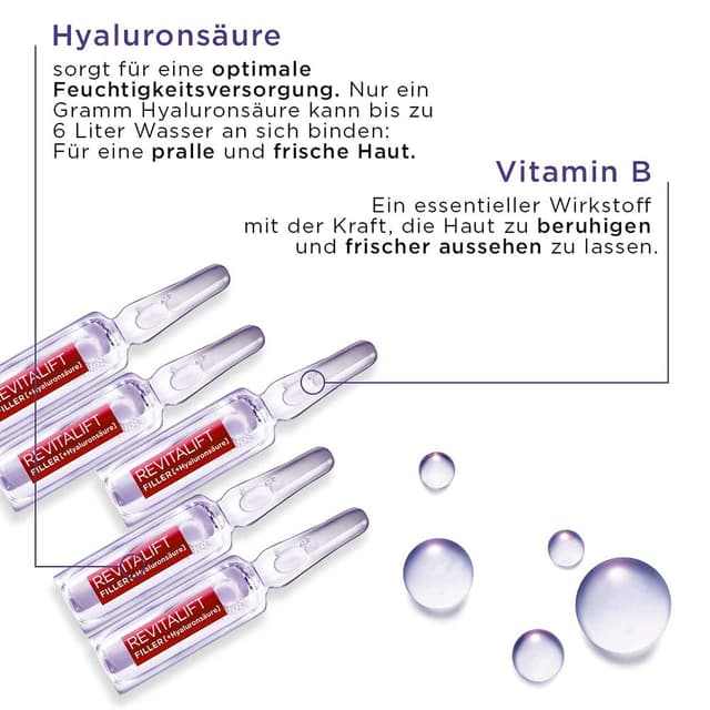 Detalle de L'Oréal Paris Revitalift Filler Hyaluron-Shots für Frauen – 7-Tage-Kur mit reiner Hyaluronsäure & Vitamin B5 (7 Einzeldosis-Ampullen)