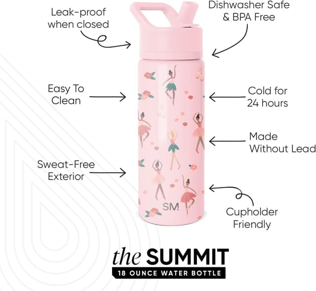 Detalle 2 de Simple Modern borraccia per bambini Summit con cannuccia, acciaio inox isolato 530 ml (Pink Ballerina)