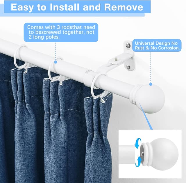 Detalle 2 de AMZSEVEN Adjustable Curtain Rods (16–48 in, up to 60 in) with 1-inch Diameter Round Finials, White