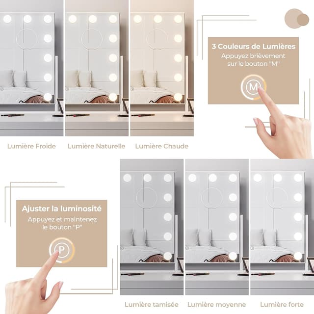 Detalle 2 de Dripex Miroir de maquillage Hollywood LED 14 lumières dimmables 54 x 43 cm avec rotation 360° et miroir x10