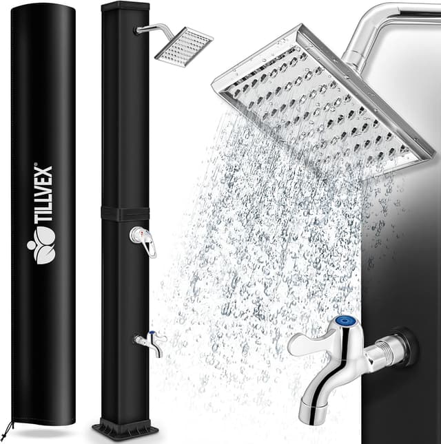 Detalle de tillvex Solardusche 40 Liter (schwarz) inkl. Schutzhaube – Solar-Duschsystem ohne Stromanschluss