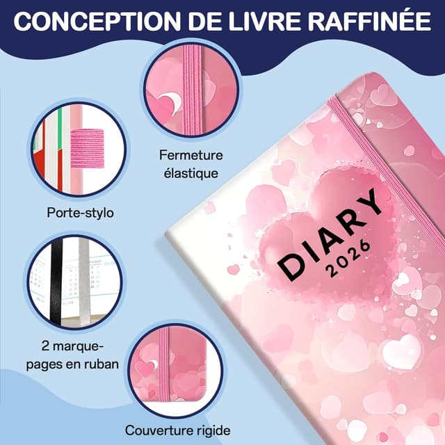 Detalle de Pcuntslo Agenda 2026 semainier A5 (janvier à décembre 2026) – 200 feuilles/400 pages, bloc note journalier