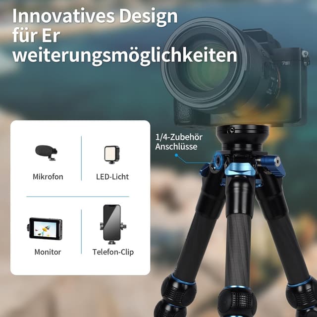 Detalle de SIRUI AM-223L Carbon Mini Reisestativ mit Nivellierbasis – ultraleichtes Ministativ für spiegellose Kameras