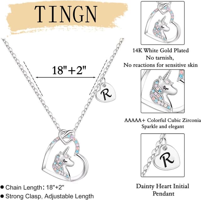 Detalle de TINGN Einhorn-Halskette für Kinder mit Herz-Anhänger und Buchstaben, 14K Weißgold vergoldet, CZ-Kristalle