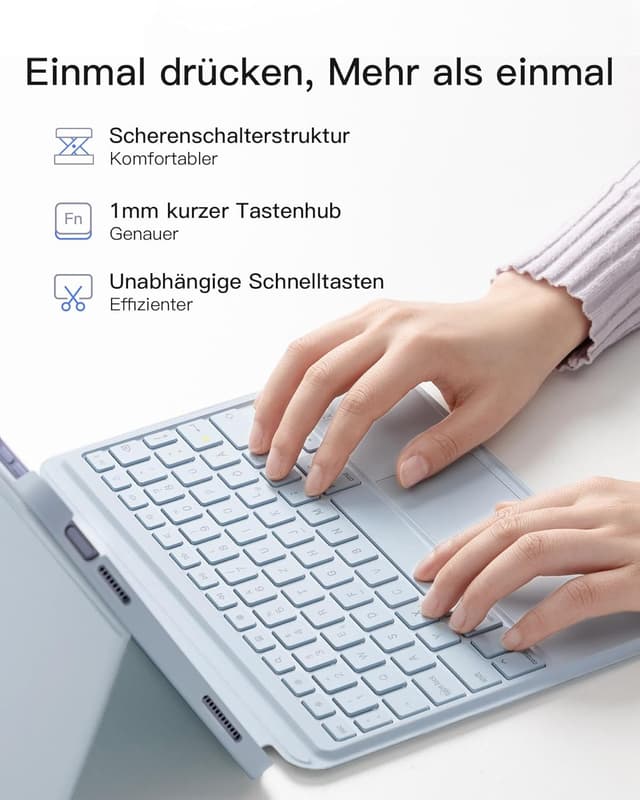 Detalle de Inateck Tastatur-Hülle für iPad (A16 11 Zoll & iPad 10. Gen 10,9 Zoll, QWERTZ) mit Touchpad und 7-farbiger Beleuchtung – KB04112