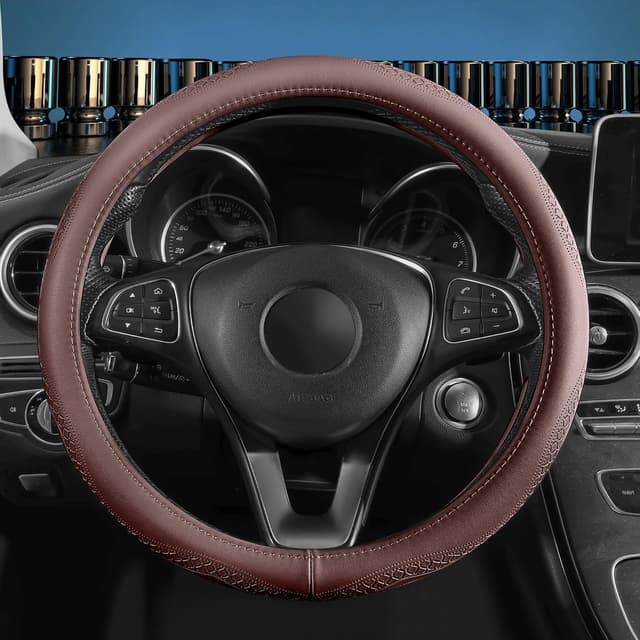 Detalle de Menifomory Genuine Leather Steering Wheel Cover (Cowhide) – Universal 15 inch fit, C-Brown