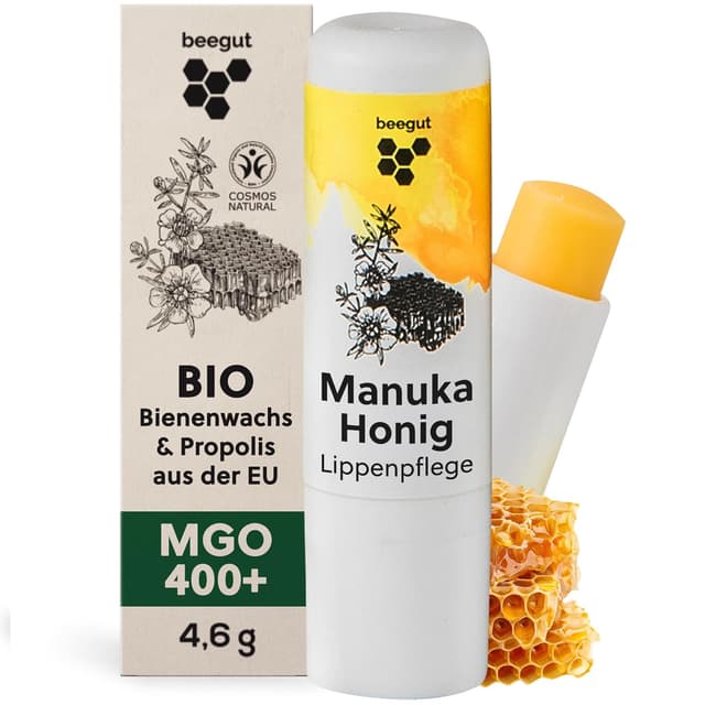 Detalle de beegut Manuka Lippenpflege mit Manuka Honig MGO 400+, Propolis & Bienenwachs – intensive Pflege für sehr trockene Lippen