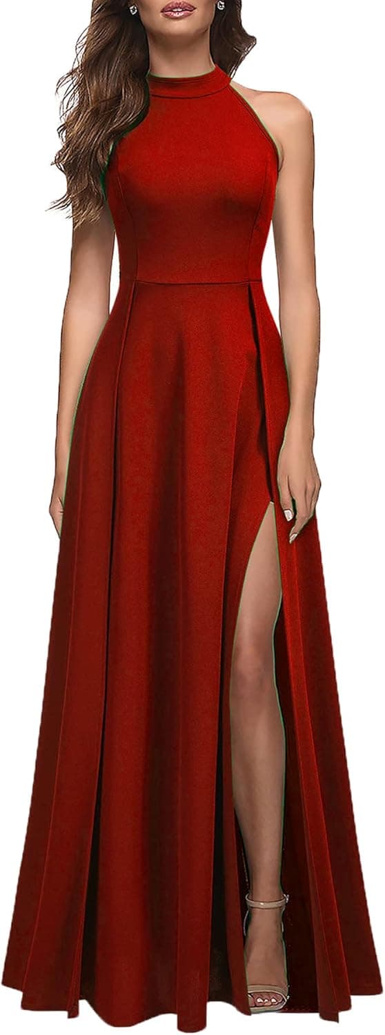 Detalle de MUSHARE Women’s Halter Neck Split Maxi Formal Dress (Bodycon Cocktail Party Style)