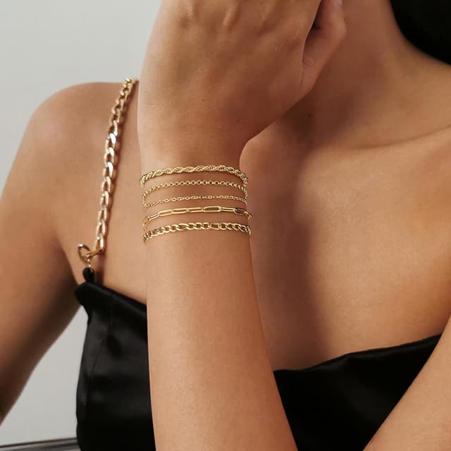 Detalle de Finrezio 3–5er-Armband-Set für Damen in Gold (14 Karat vergoldet) aus Edelstahl – Figaro, Perlen & Ketten mit Verlängerung